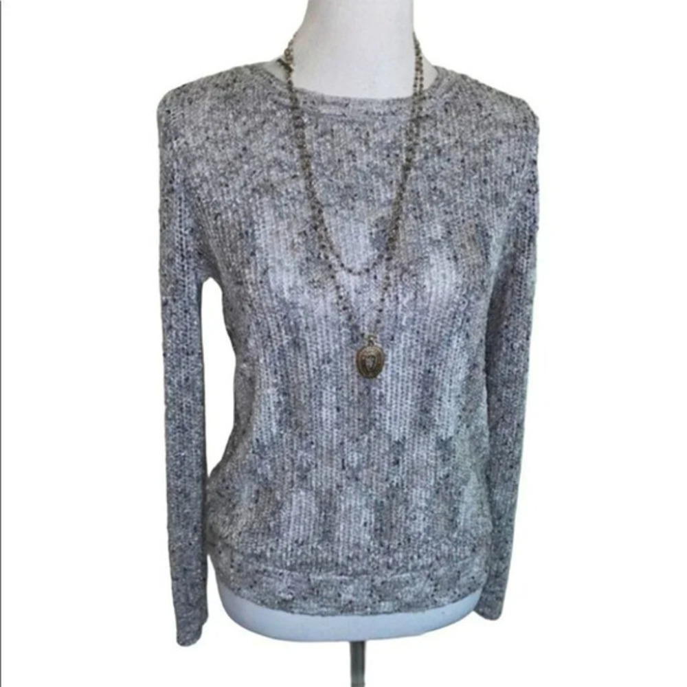 Tribal Sweater M Gray Silver Metallic Lurex Keyhole Back Open Knit 3105O-2527